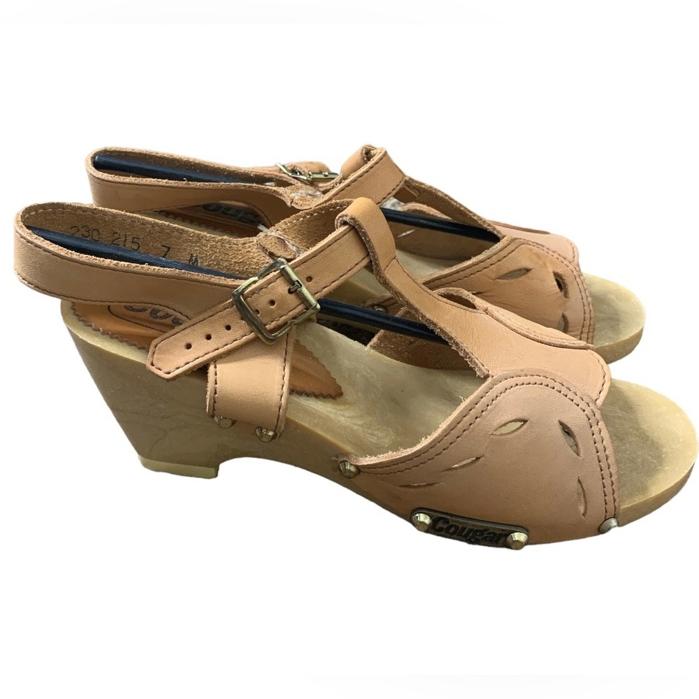 Cougar Canada Bohemian Western Minimalist Tan Leather T-Bar Block Heel Mules 7